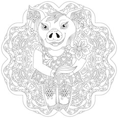 Contour drawing pig with flower for coloring with mandala