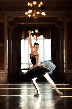Beautiful ballerina dancing in a hall with a chandelier against the window.