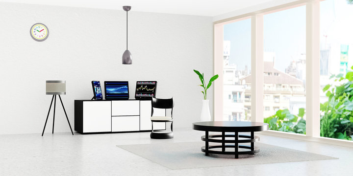 Modern working room interior, 3 black desktop computer put on white drawer in front of  white wall, a lamp and flower pot place on marble floor, Cool tone room, Scandinavian style, 3d rendering.