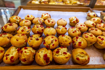Closeup of fresh bakery products in the shop. Wheat, bake, food.