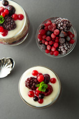 Overnight oats, muesli with berries. Healthy breakfast in glass over grey background. Tasty oatmeals with yogurt.