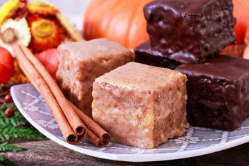 Gingerbread cubes in chocolate, sweet dessert