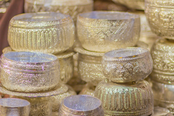 Beautiful Ancient Thai genuine silver bowl, retro engraved silverware, Beautiful genuine silver bowl handicrafts for sale at the local flea market.