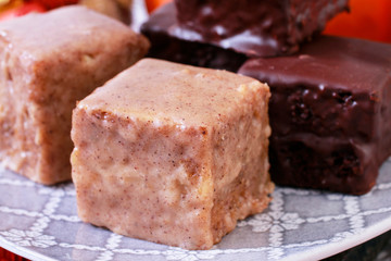 Gingerbread cubes in chocolate, sweet dessert