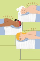 Three women of different age undergo an acupuncture treatment, EPS 8 vector illustration