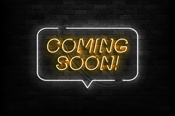 Vector realistic isolated neon sign of Coming Soon logo for template decoration and layout covering on the wall background.