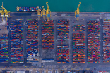 shipping container in port from above. Unusual original aerial photo.