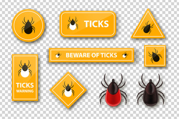 Vector set of realistic isolated ixodes tick warning signs for template decoration and covering on the transparent background. Concept of mite danger, disease and encephalitis precaution. - obrazy, fototapety, plakaty