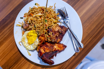 Mie goreng ayam. Traditional indonesian and balinese food. Fried noodle. Indonesian cuisine.
