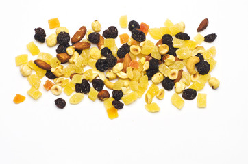 mixture of nuts and candied fruits and raisins 