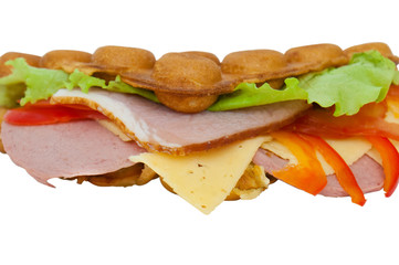 Sandwich, street food, Hong Kong, Thai waffle with ham, pepper, lettuce, tomato and cheese closeup on a white background. Background with place for text.