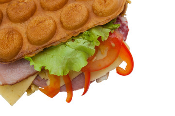 Hong Kong, Thai waffle with ham, pepper, lettuce, tomato and cheese close-up on a white background. Background with space to insert text.
