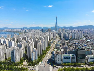 Peel and stick wall murals Seoel Aerial view cityscape of Seoul, South Korea. Aerial View Lotte tower at Jamsil.  View of Seoul with river and mountain. Seoul downtown city skyline, Aerial view of Seoul, South Korea, 08/20.2018