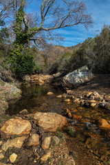 Naklejka na ściany i meble Ruecas river. Landscape in the natural park of Las Villuercas. Cañamero. Extremadura. Spain.