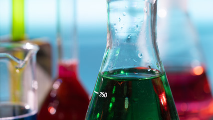 flasks and test tubes in a chemistry lab