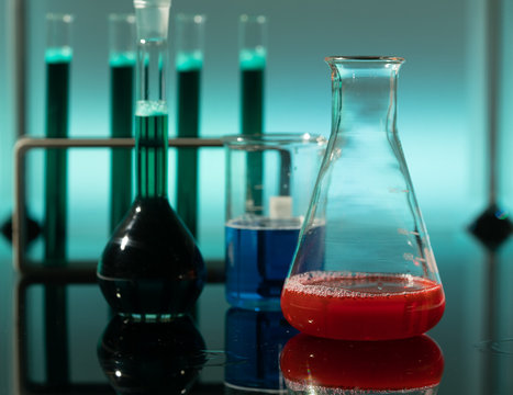 test tubes and flasks on the table