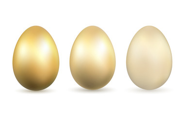 Easter egg 3D icons. Gold eggs set, isolated white background. Golden design, decoration Happy Easter celebration. Holiday elements collection. Shiny pattern. Spring symbol. Vector illustration
