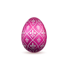 Easter egg 3D icon. Color egg, isolated white background. Flower fleur de lis design, decoration for Happy Easter celebration. Royal lily element. Holiday pattern. Spring symbol. Vector illustration