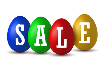 Easter egg text sale. Happy Easter eggs 3D template isolated on white background. Design banner, greeting poster, promotion, holiday decoration, special offer. Label tag discount. Vector illustration