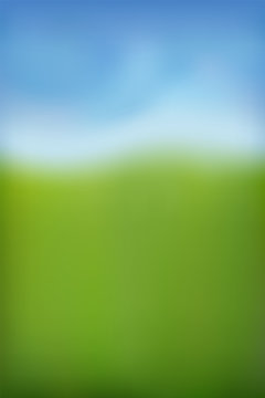 Summer background. Green fresh grass, blue sunny sky blur design. Abstract summer, spring nature. Beauty garden, park, meadow field landscape. Beautiful natural sunlight pattern. Vector illustration