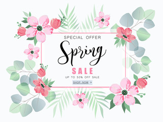 Spring sale banner with sakura flowers and eucalyptus.