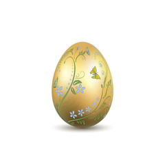 Easter egg 3D icon. Gold shine egg, isolated white background. Floral hand drawn design, flower branch decoration pattern Happy Easter celebration. Holiday element. Spring symbol. Vector illustration