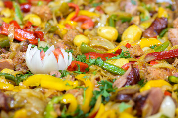 Traditional Hungarian pig slaughter dishes, fried pork with vegetables