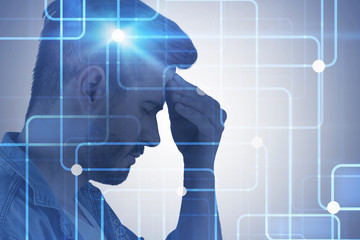 Bearded man with headache, interface