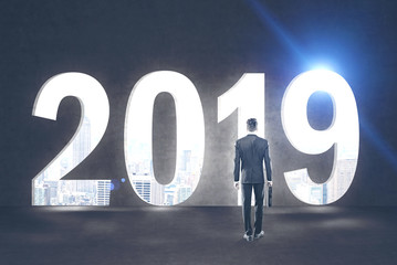 Man with briefcase looking at city 2019