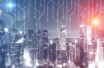 Night cityscape and circuits interface