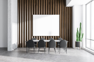 Wooden meeting room interior with poster