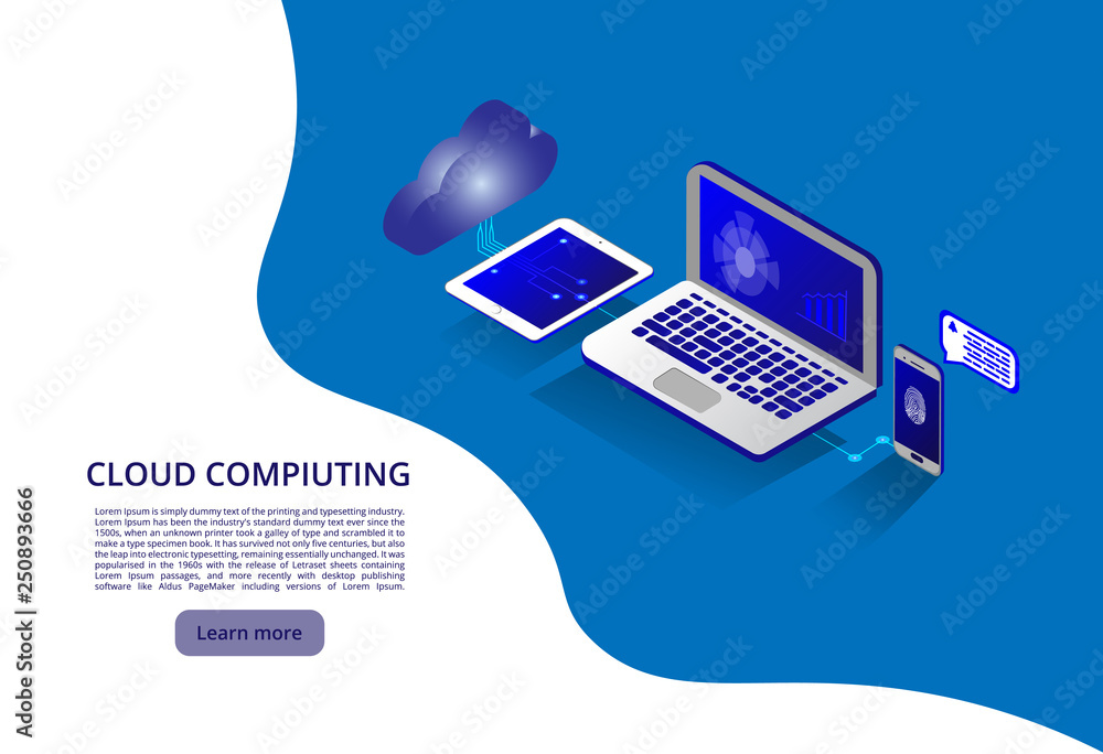 Poster isometric modern cloud technology and networking concept. web cloud technology business. cloud compu