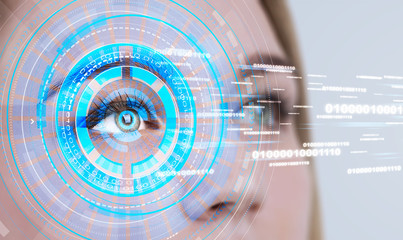Woman eye in HUD, lines of code