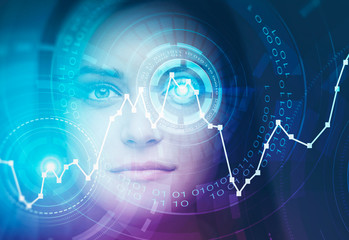 Woman face with hud interface and graph