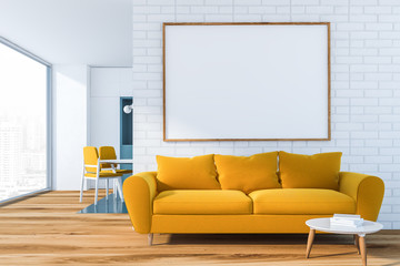 White living room, yellow sofa and poster