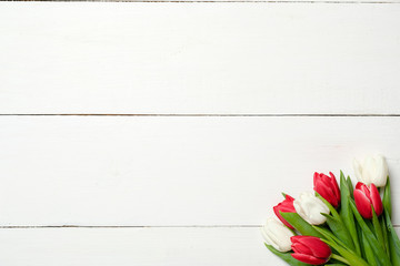 Bouquet of tulips at right corner on white wooden background . Top view, frame, border, copy space. Greeting card for womans day, mothers day, birthday, easter or spring holiday.
