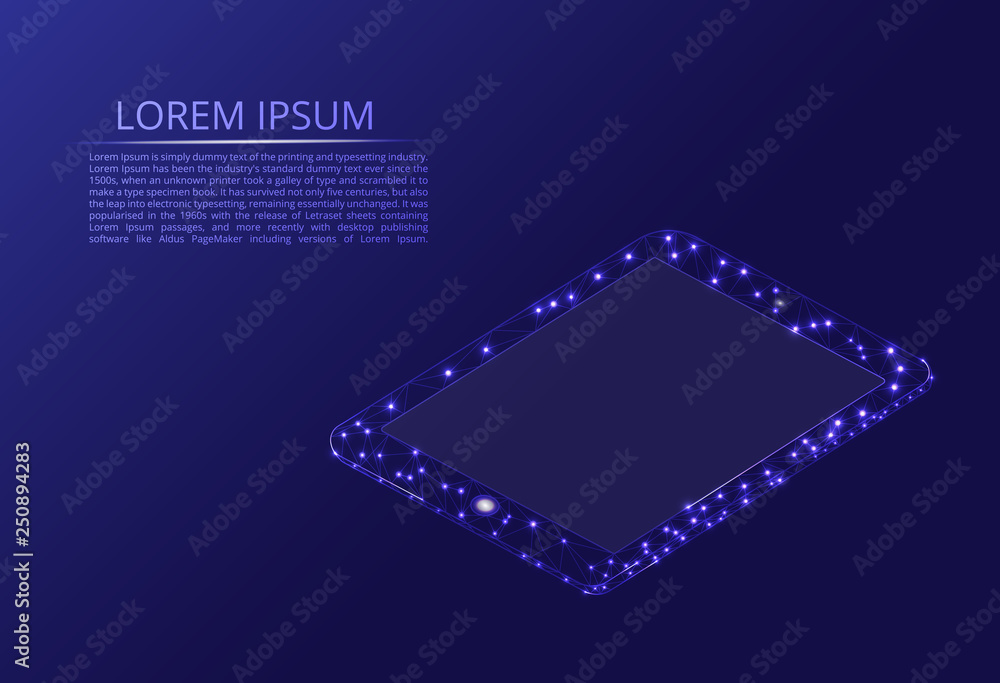 Poster abstract image of a tablet in the form of space, consisting of points, lines. vector abstract polygo