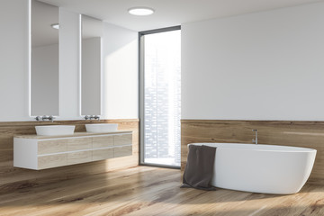 Fototapeta na wymiar White and wooden bathroom corner, tub and sink