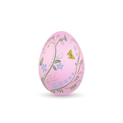 Easter egg 3D icon. Pink egg, isolated white background. Floral hand drawn design, flower branch leaf decoration pattern Happy Easter celebration. Holiday element. Spring symbol. Vector illustration