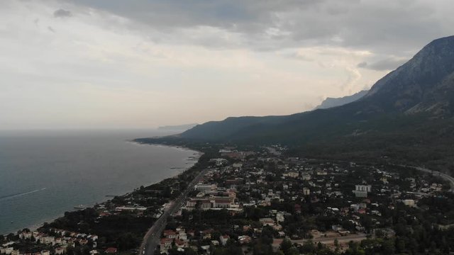 Aerial view of Mountains and Coast National Park in Turkey, Beldibi village