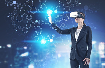 VR glasses businesswoman working with network