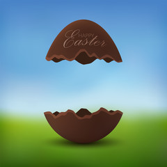 Chocolate egg 3D Happy Easter text. Broken brown Easter egg, blurred green grass field, blue sky meadow background. Natural design spring hunt decoration Delicious holiday dessert. Vector illustration