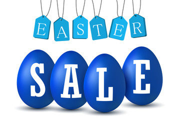Easter egg text sale. Happy Easter eggs 3D template isolated on white background. Design banner, greeting poster, promotion, holiday decoration, special offer. Label tag discount. Vector illustration