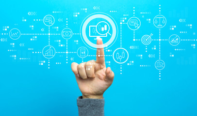 Stock trading concept with hand on a blue background