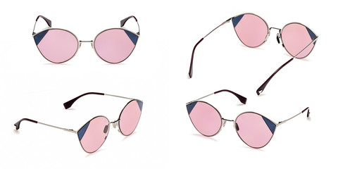 Set Retro pink sunglasses in round frame isolated on white background. Collection fashion Vintage...