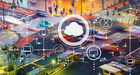 Cloud computing with busy city traffic intersection