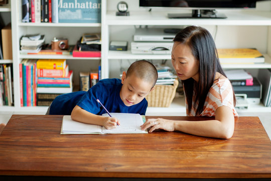 Mother helping son (6-7) with homework in living room 