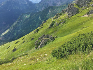 Mountain landscape, sunny summer day in the High Tatras. Border of Poland and Slovakia in the Tatra Mountains. Tourist route. 