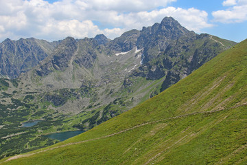 Mountain landscape with rocky slopes and lakes. View from the top of Kasprowy Wierch, Tatry, Poland
