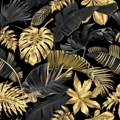 Deurstickers Palmbomen Vectorpatroon met gouden zwarte tropische bladeren
